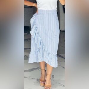 Oscar-ST Blue Striped Ruffle Midi Skirt XL
